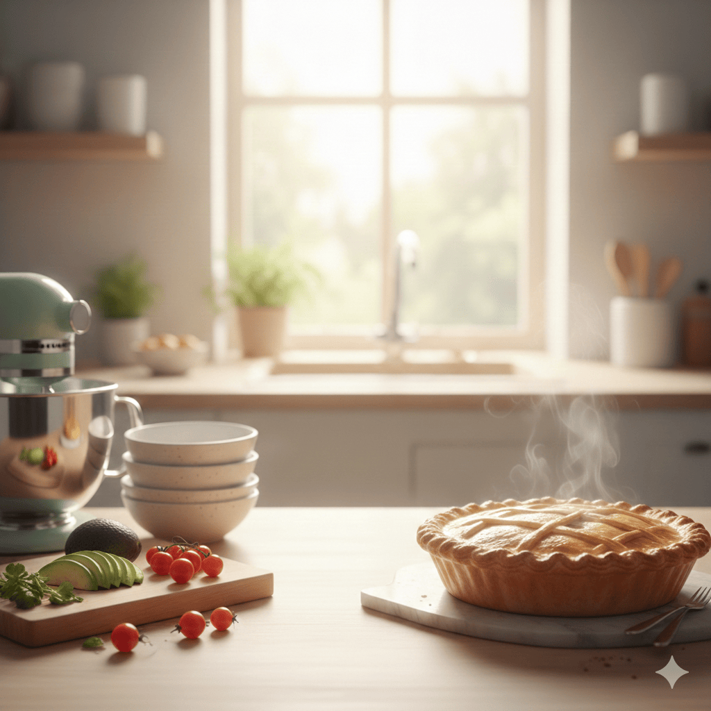 Steaming pie on a kitchen counter with a mixer and ingredients in the background